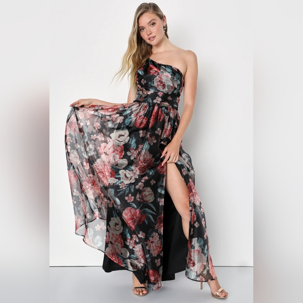 Lulus | Bringing the Charm Black Floral Organza Gown | Size XL - Picture 3 of 6